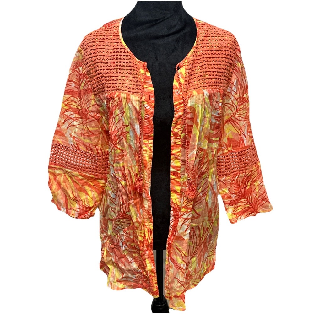 Alfred Dunner Top Women's 14 Button Front Blouse Semi Sheer Boho Shrug Vaca